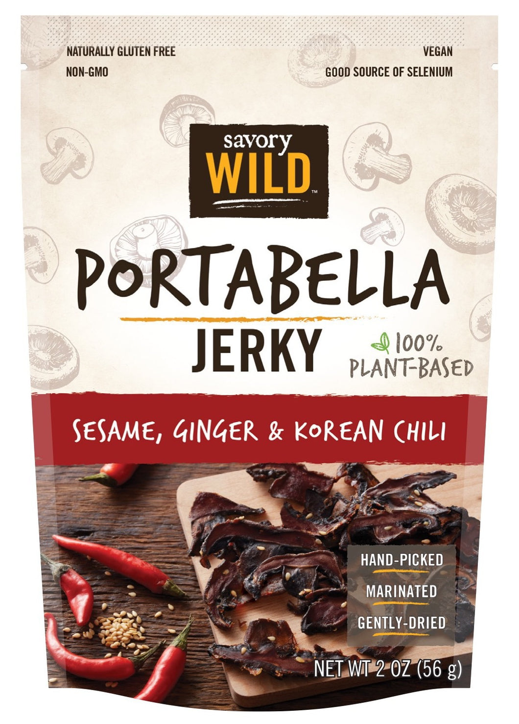 Savory Wild Portabella Jerky, Sesame, Ginger & Korean Chili 2 Oz