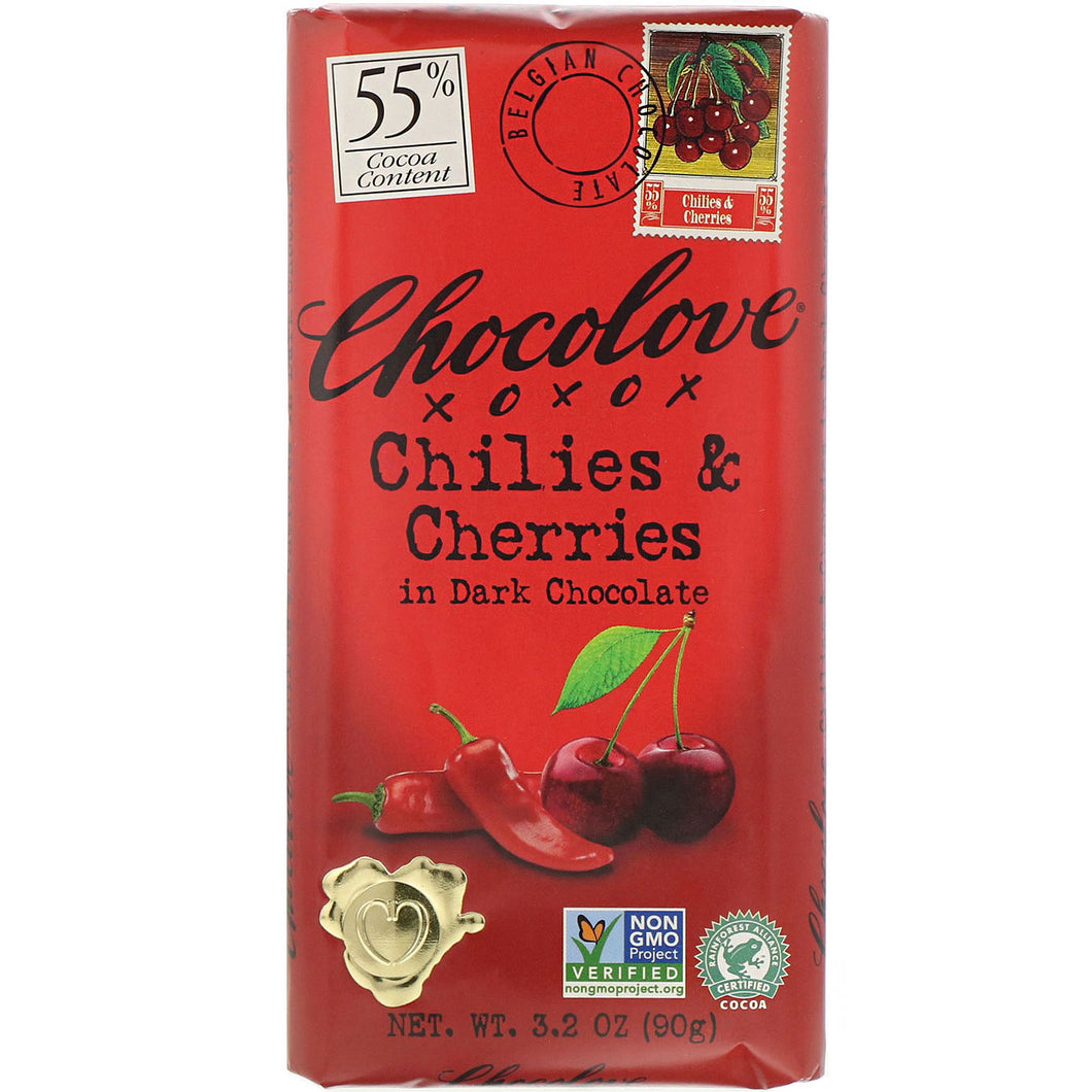 Chocolove Bar, Chilies & Cherries In 55% Dark Chocolate, 3.2 Oz