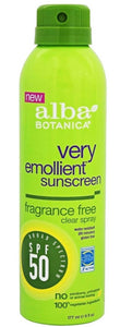 Alba Botanica Very Emollient Fragrence Free Sunscreen Spray SPF 50, 6 Oz